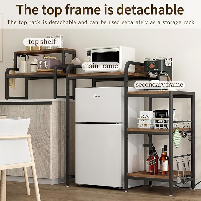 Bakers Rack with 7-Tier Mini Adjustable Shelves and Power Outlet, Heavy-Duty Metal Frame Kitchen Shelf Organizer, Mini Fridge & Microwave Stand for Kitchen, Dorm, Living Room, Walnut Brown