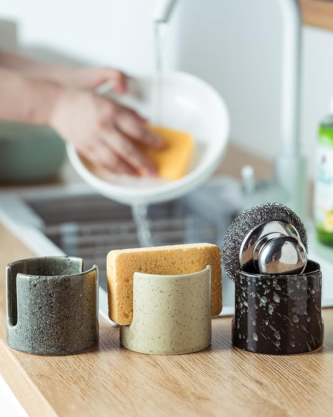 Sponge Holder for Kitchen, Ceramic Sink Scrub Sponge Rack Dish Rack Scrubbers Holder for Kitchen Sink, Bathroom, Black