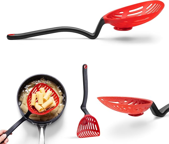 Dreamfarm Big Lestrain 2-in-1 Drip-Catching Sit-Up Slotted Cooking Spoon Scoop & Strainer - 13" Red