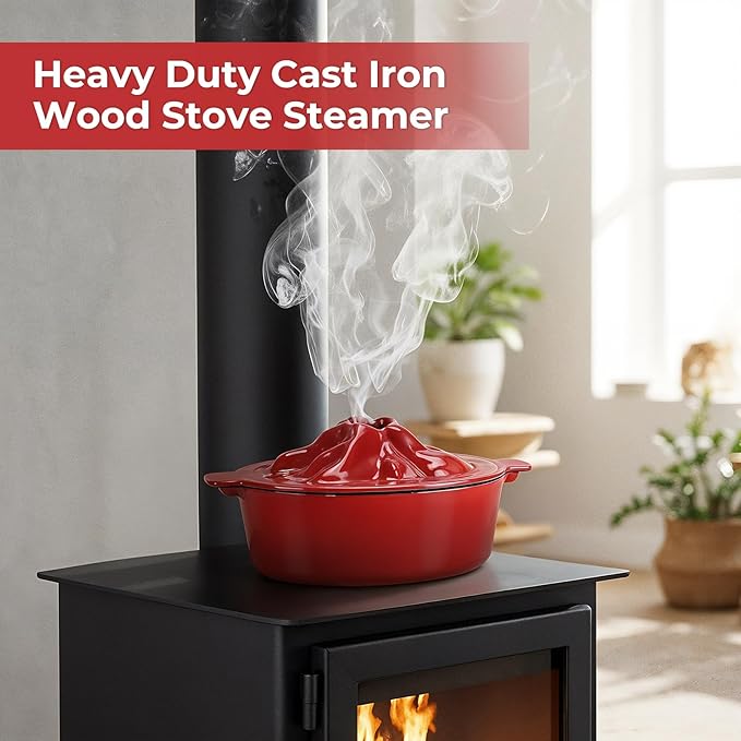 Upgraded Wood Stove Steamer with Handle, Wood Stove Humidifier, 3 Quart Large Capacity Woodstove Steamer, Cast Iron Humidifier for Wood Stove, Fireplace Steamers Pot Rust Resistant