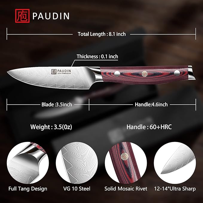 PAUDIN 3.5 Inch Paring Knife, Damascus Stainless Steel Blade Full Tang G10 Handle, Sharp VG10 Steel Fruit Knife and Vegetable Peeling Knife