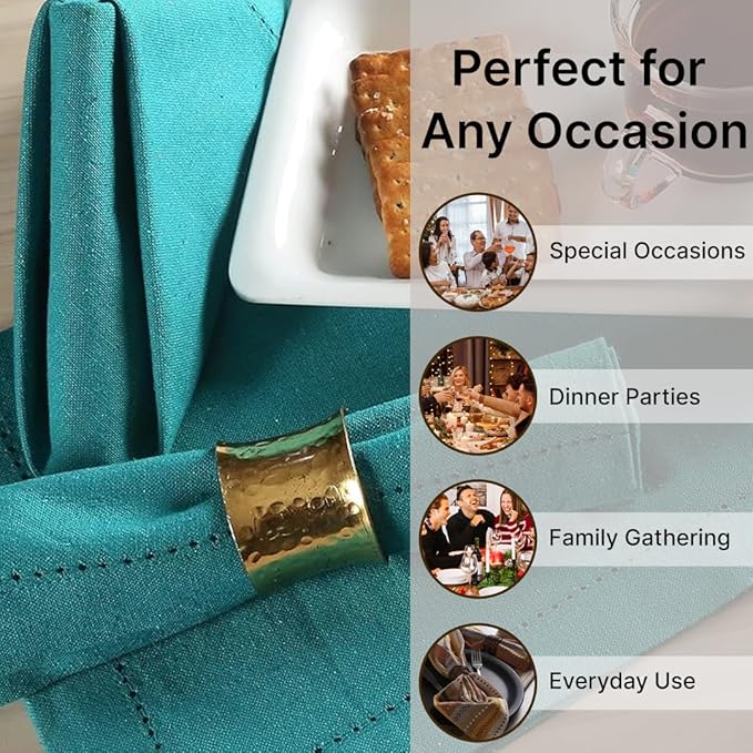 LFH Home Hemstitched Cloth Dinner Napkins 18x18 Inch Set of 12 - Reusable 100% Cotton Machine Washable Cocktail Napkins with Metered Corners for Daily, Party, Wedding, Bar Use - Teal