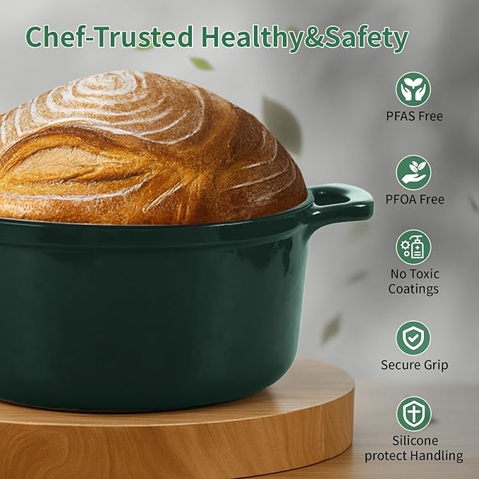 Tastedeli Enamel Cast Iron Dutch Oven with Lid, Round Casserole Pot for Bread Baking, Braising, Roasting, and Stews, Heavy-Duty, Oven Safe, Induction Compatible (4.7QT,Green)