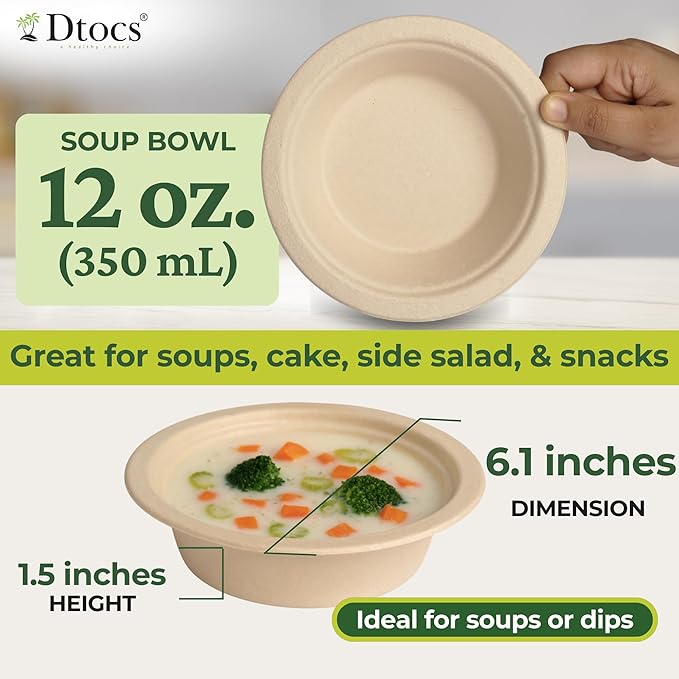 Dtocs Bamboo Fiber Disposable Bowls – 12 Oz, 200 Pk | Eco Friendly Biodegradable Small Bowl | Microwavable Bagasse Bowl Like Soup, Cake, Dip, Salad | Biodegradable Dinnerware Alt to Paper, Plastic