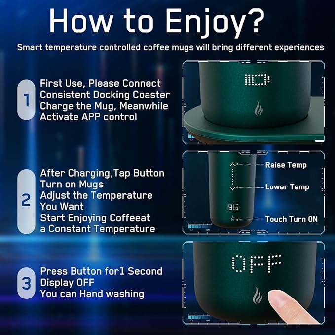 LEGARDLILIU Temperature Control Heated Coffee Mug Smart Self Heating Travel Mug 12 Oz App Controlled Warmer Mug 4-10 Hour LED Display Keep Coffee Hot Fast Wireless Charger Base Jade Green