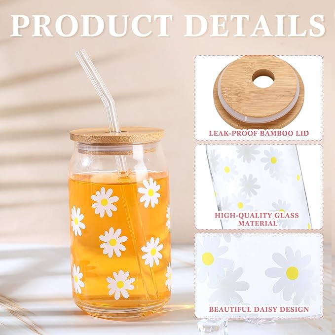 Gerrii 4 Pcs Tumbler Glass Cups with Bamboo Lids and Straw 16 oz Beer Can Tumbler Iced Coffee Cups Flower Drinking with Glass Straw for Birthday Gift(Daisy)