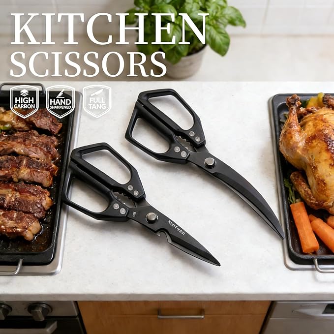 Meat Scissors Set, Japanese Kitchen Scissors for Food Pizza Herb Seafood Salad, Heavy Duty Poultry Shears All Purpose, Utility Cooking Cutting Chicken Bone, Gift for Men Women Black