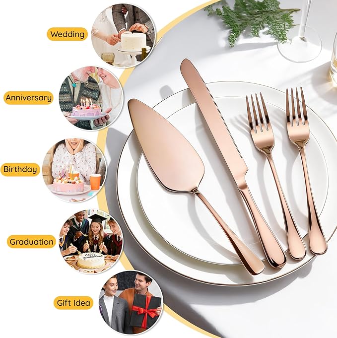 Suream Rose Gold Pie Server Spatula, 4 Pieces Cake Cutter Set for Wedding, Stainless Steel Pie Knife for Wedding Engagement Bridal Shower Gifts(11 Inch)