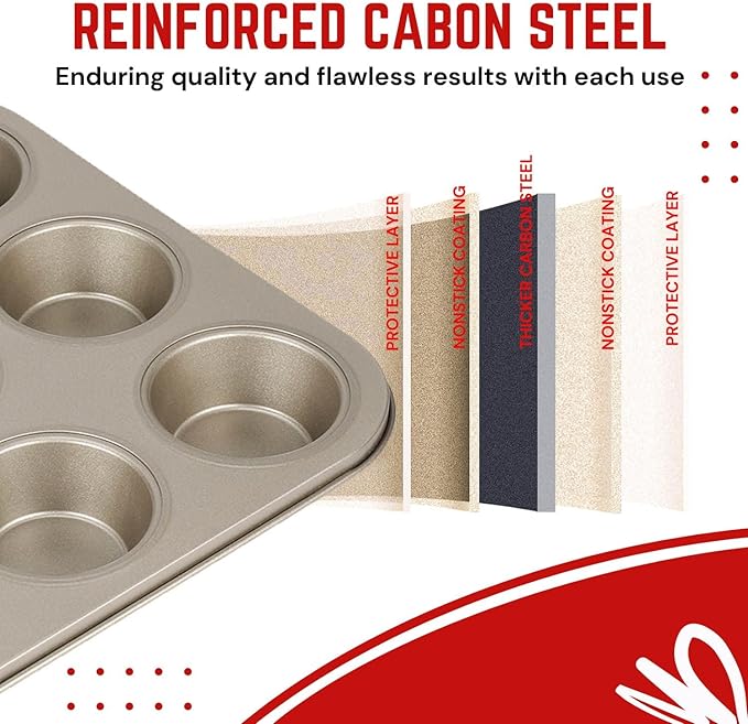 Flexzion Muffin Tray Cupcake Baking Pan 2 Pack, 12-Cup Nonstick Carbon Steel Muffin Tin Non-Stick Cupcake Tin Bakeware Accessories for Baking Brownies Snack, Fridge Safe, Champagne Gold