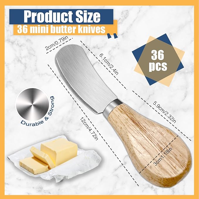 36 Pcs Cheese Spreader Knives with Wooden Handle Stainless Steel Butter Spreader Charcuterie Boards Accessories for Cream Cheese Cake