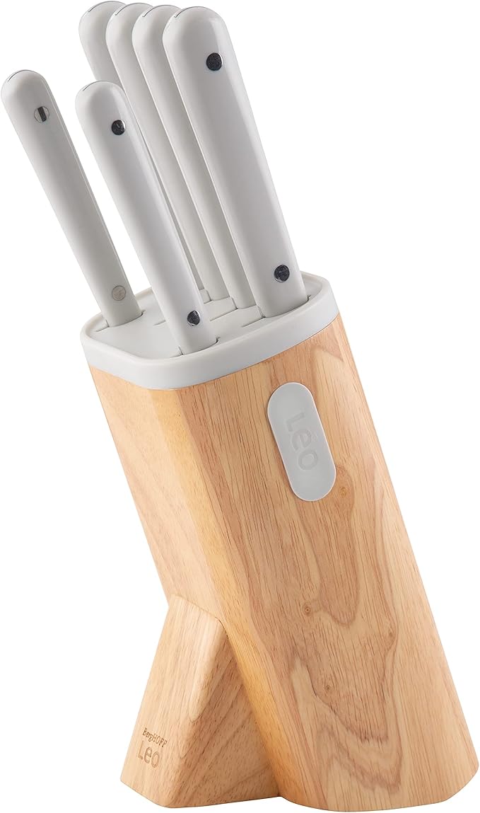 BergHOFF Spirit 7Pc Knife Block Set, Kitchen Knives, Wood Block, Stainless Steel Sharp Blade, Anti-skid Base, Strong Magnet for Scissors