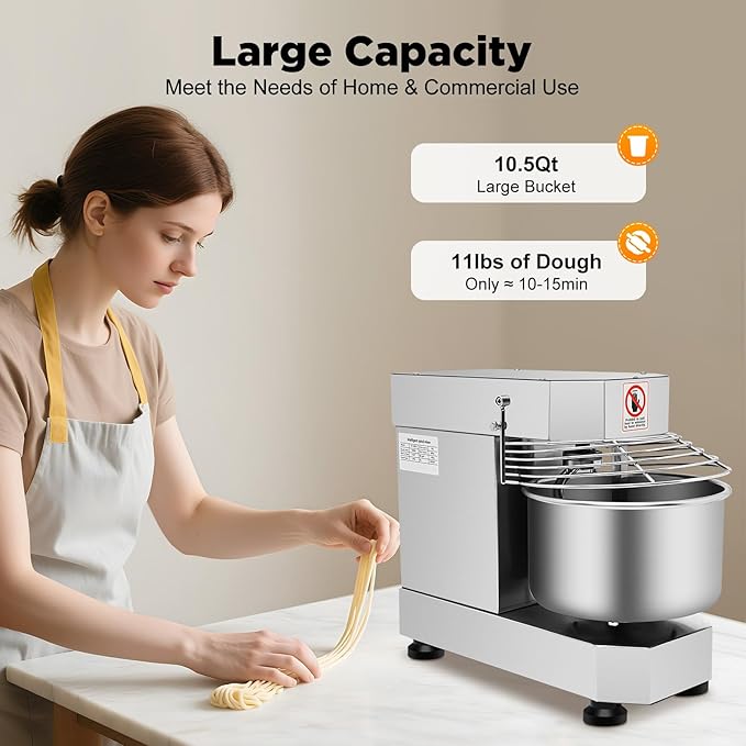 10L Commercial Dough Mixer, 750W Stand Mixer with Stainless Steel Bowl, Dual Rotating Dough Kneading Machine Heavy Duty Dough Blender with Timing Function for Bakery, Cream, Pizzeria