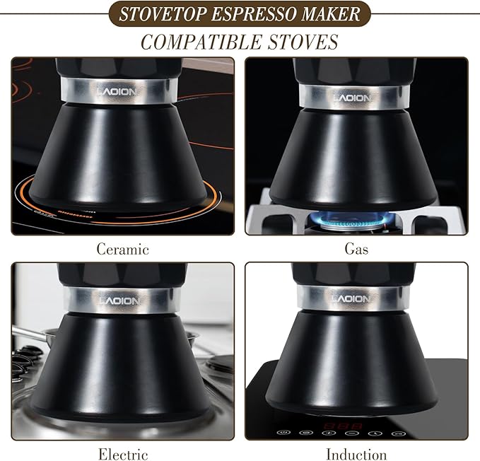 LAOION Moka Pot, 6-Cup Espresso Maker, 300ml Portable Stovetop Espresso Maker, Percolator Coffee Pot Compatible with Induction Cooktops, Suitable for Home and Camping (Black)