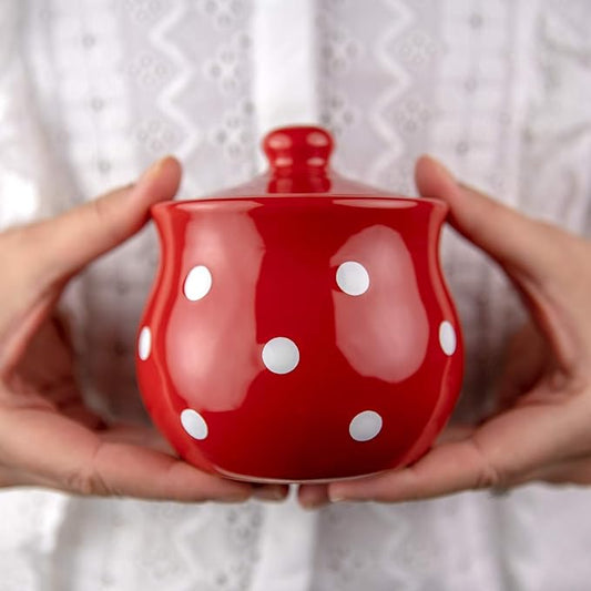 City to Cottage Ceramic Sugar Bowl with Lid, 10oz Sugar Contanier for Coffee Bar, Sugar Dispenser Bowl, Salt - Condiment Pot for Kitchen Counter, Handcrafted Red Polka Dot Sugar Jar