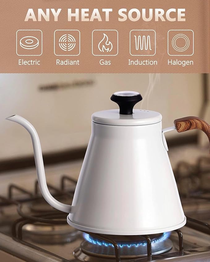 Gooseneck Kettle with Thermometer for Pour Over Coffee and Tea, 37 fl oz, Stainless Steel, Durable 3-Layer Base, Ideal Spout for Precision Pouring, Compatible with all Stove Tops (White)