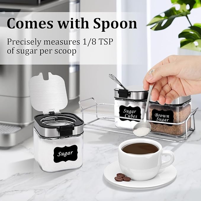 Aelga Glass Sugar Bowl with Lid and Spoon, 8.5 OZ Sugar Container Stainless Steels Flip Lid with holder, Salt Container for Kitchen, Coffer Bar Accessories, Countertop, 3 Pack