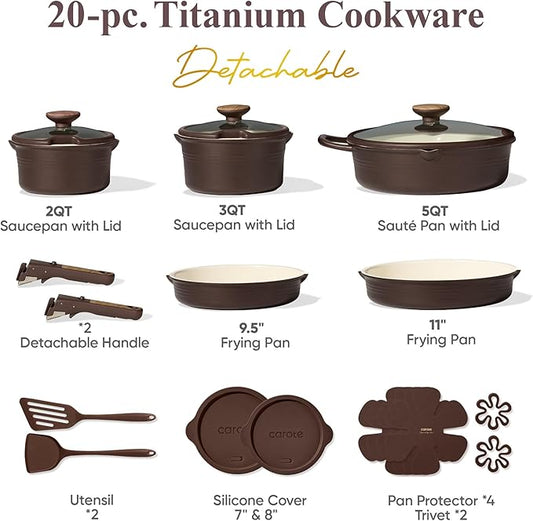 CAROTE 20Pcs Titanium Cookware Set, Pots and Pans Set Non Stick, Kitchen Cooking Set with Detachable Handle, Non Toxic Induction Cookware, Dishwasher/Oven Safe, Browm