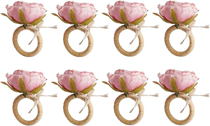 Flower Napkin Rings Set of 8,Pink Peony Flower Handmade Napkin Holder Rings Table Decorations for Wedding,Fall,Daily Party,Picnics,Banquet,Luncheons,Birthday,Christmas,Valentine's,Thanksgiving