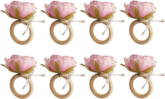 Flower Napkin Rings Set of 8,Pink Peony Flower Handmade Napkin Holder Rings Table Decorations for Wedding,Fall,Daily Party,Picnics,Banquet,Luncheons,Birthday,Christmas,Valentine's,Thanksgiving