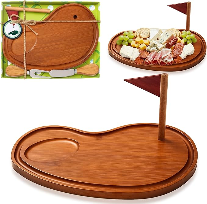 Ziliny Golf Cheese Board Gift Set Party Favor Prizes Charcuterie Wood Board with Knives and Box Father Day Gift for Dad Grandpa Party Tournament Game(Carbonized Bamboo Wood, Golf)