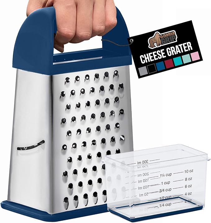 GORILLA GRIP 4-Sided Stainless Steel Cheese Grater With Container, 100% BPA-Free Box Grater, Slip Resistant Base and Handle, Grate Parmesan, Hard Cheeses, Shred Vegetables, Dishwasher Safe, Blue