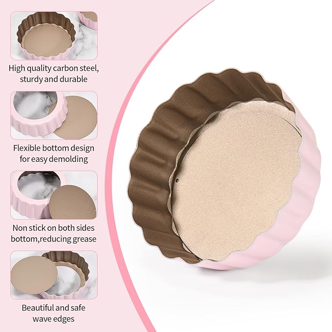 4 Pcs 3.6 Inch Mini Tart Pan Depth 1 Inch with Removable Bottom NonStick Tin - Pink