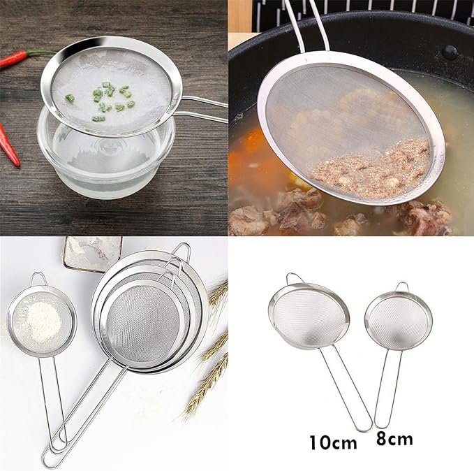 Strainers Fine Mesh Sieve Stainless Steel Flour Sifter Fine Mesh Strainer for Kitchen Hand-held Oil Spoon Seives with Handle Diameter 8cm (3.1")