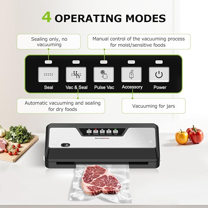 Bonsenkitchen Vacuum Sealer Machine, Built-in Cutter | Bag Storage, Multifunctional Food Sealer for Sous Vide & Meal Prep, 1 Roll Bag & 5 Pre-Cut Bags, Black-Stainless Steel
