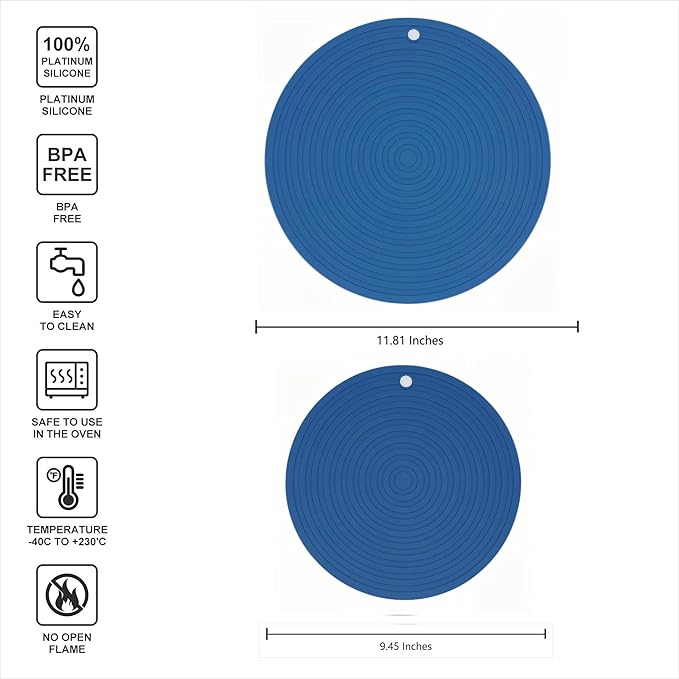 Silicone Trivets for Pots and Pans, Heat Resistant Pot Holders, Flexible Hot Pads for Kitchen Table, Non Slip Mats, Dia11.81 and 9.45 Inches Big Round Microwave Mats Pack 3 Navy Blue