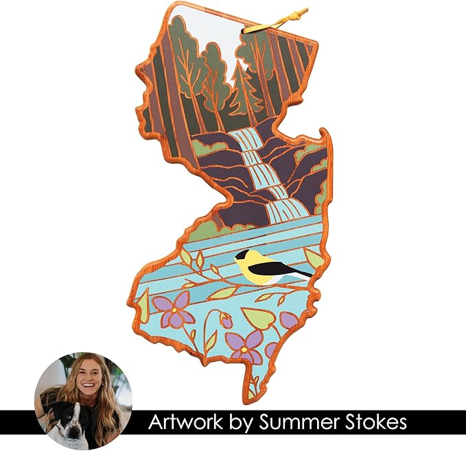 Totally Bamboo New Jersey State Shaped Cutting Board and Charcuterie Serving Platter with Artwork by Summer Stokes, Includes Hang Tie for Wall Display