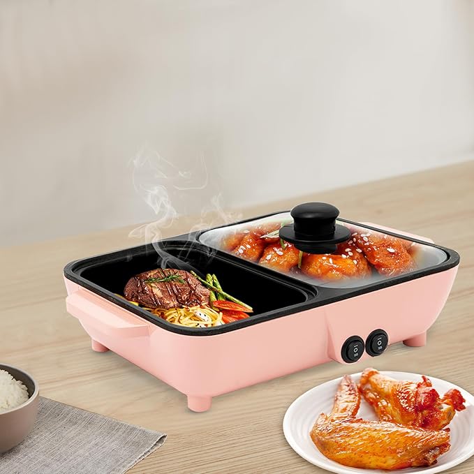 Portable Smokeless Electric Shabu, mokeless Korean BBQ Grill with Temperature Control 2-In-1 Indoor Non-Stick Pan and Griddle For Boiling & Frying