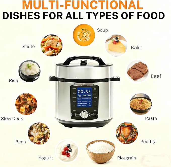 HealSmart 24-in-1 Electric Pressure Cooker 8.5 Quart, Non-Stick Stainless Steel Multi Cooker for Slow Cooking, Yogurt Maker, Steam, Rice, Bake, Dishwasher Safe, Silver