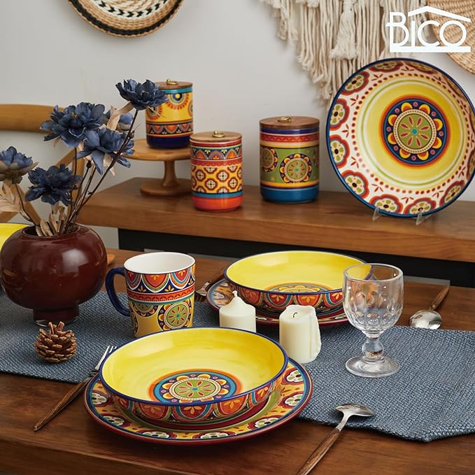 Bico Tunisian Pasta Bowls, 35oz Salad Bowl Set of 4, Large Ceramic Serving Dinner Bowls for Soup and Cereal, Microwave and Dishwasher Safe, Gift for Housewarming and Thanksgiving