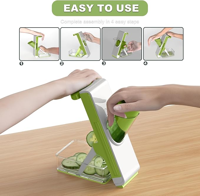 Eletronova Potato Slicer & Julienne Cutter, Safe 4-in-1 Mandoline Slicer for Kitchen, Vegetable Slicer with Thickness Adjuster, Fast Meal Prep, Easy Clean(White-green)