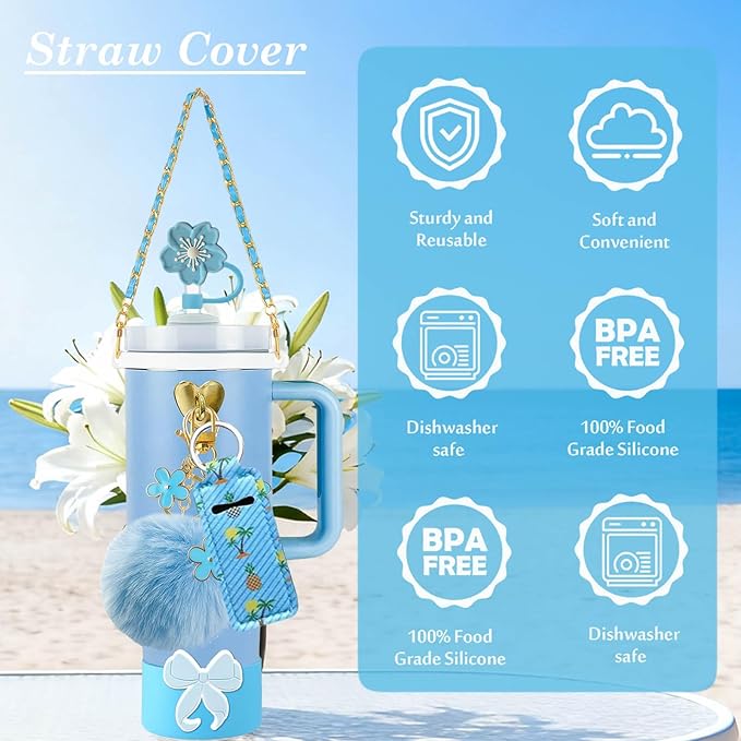 Accessories Set Including Water Bottle Handle Strap, Silicone Boot, Resin Butterfly Straw Cover, Straw Topper, Lip Balm Sleeve, Butterfly & Hairball Charms for Stanley Cup Tumbler