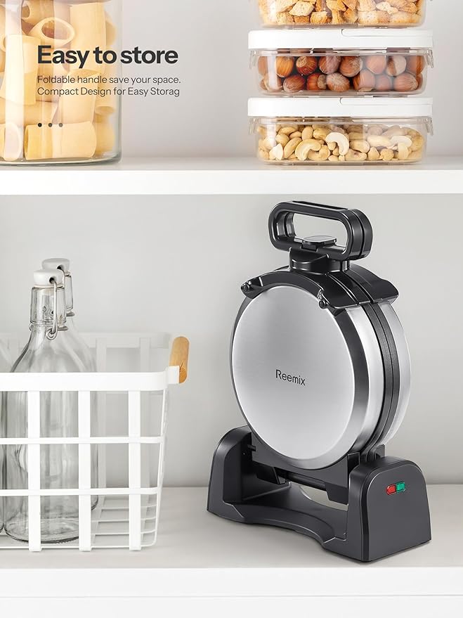 Reemix Waffle Maker, 180° Rotating Belgian Waffle Maker Round Classic Belgian 4-Piece, Evenly Baked | Non-Stick | Fast Preheat, Black+Silver
