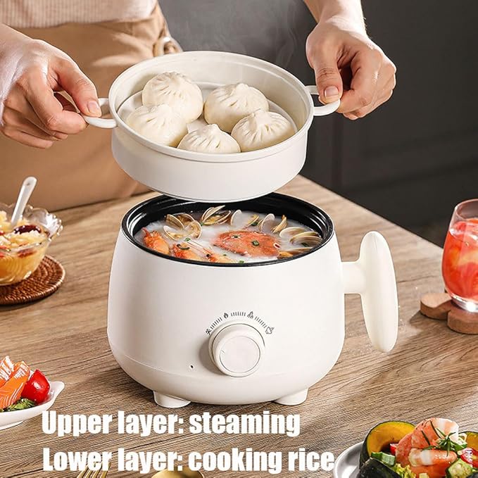 Portable Multifunctional Non-stick Electric Pot, Mini Portable Electric Hot Pot with Steamer, 3 Heat Settings, 2L Non-stick Noodle Cooker for Steaming Boiling Stir-Frying (Stainless Steel Steamer)