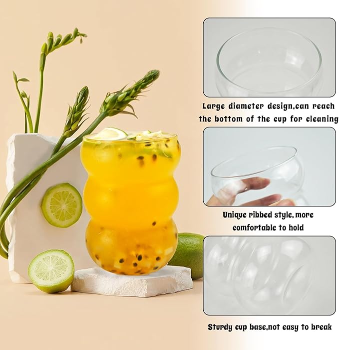 Nirvany Ribbed Glass Cup 18 Oz Vintage Drinking Glassware Creative Ripple Glasses for Iced Coffee Juice Beverage Milk Cocktail Cute Wavy Glass Cups
