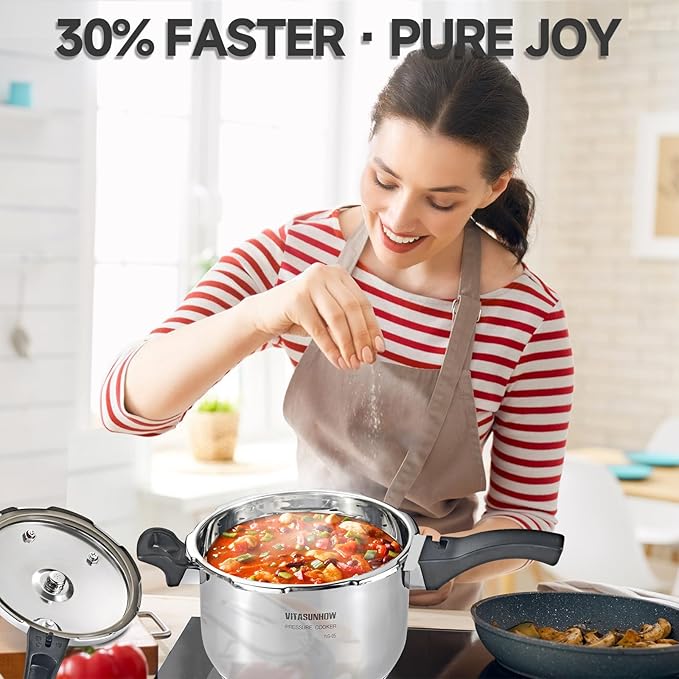 VITASUNHOW Stainless Steel Pressure Cooker with Steamer Basket, Faster Cooking and Safety Pressure Release (7-Liter)