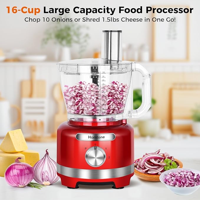 Homtone 16 Cup Food Processor Large, 9 Functions 7 Blades 3 Speeds for Shredding, Slicing, Making French Fries, Chopping Meat, Kneading Dough & Emulsifying, 600W