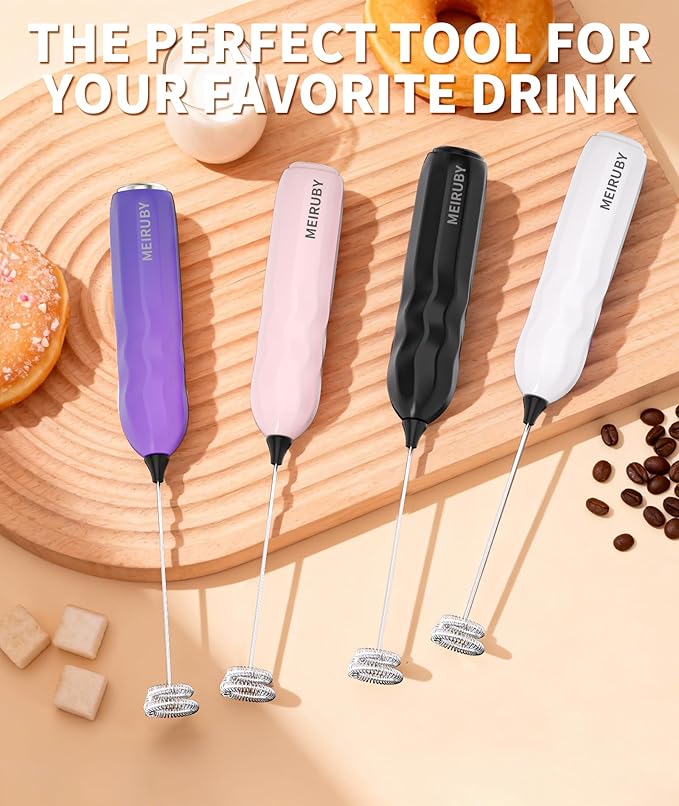MEIRUBY 2-Pack Handheld Milk Frother with Stand, Powerful Electric Foam Maker, Coffee Lover Gift for Lattes, Cappuccino, Matcha & Hot Chocolate, Black/Pink