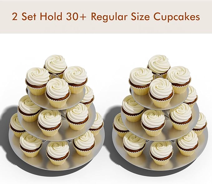 Cupcake Stand Tower, 2 Pack, Silver, 3 Tiered, Cup Cake Stand Cardboard Dessert Holder for Parties (Cardboard Silver 2 Pack)