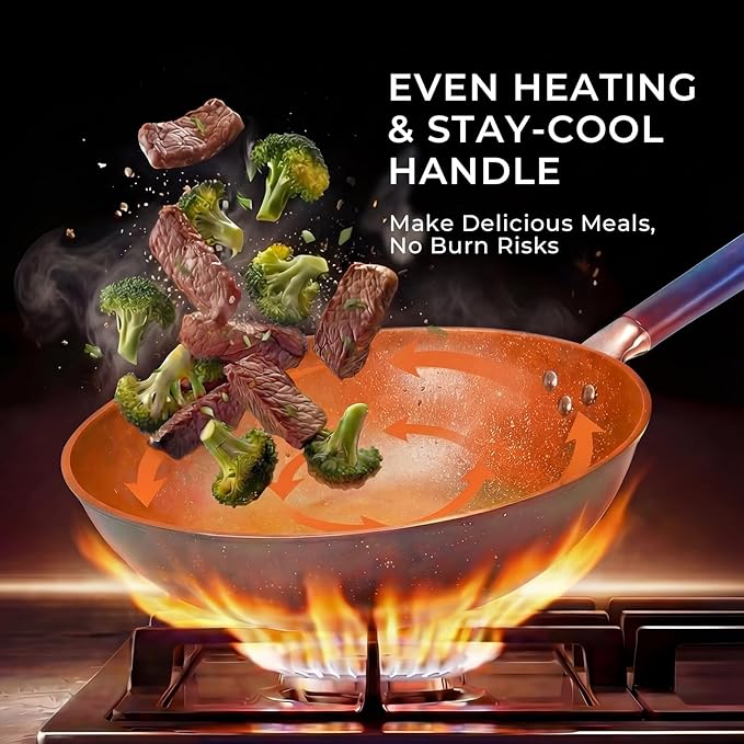 12.5-Inch Carbon Steel Wok Pan with Lid: Woks & Stir-Fry Pans Nonstick with Steamer for Cooking Pan Set, Large Deep Chinese Frying Saute Pan Wok Skillet, Induction Compatible, Stay-Cool Handle, Gifts