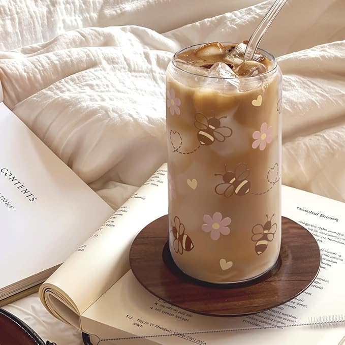 SANDJEST Bee 16oz Can Glass Tumbler with Acrylic Lid & Straw - Iced Coffee Cup for Women Girls, Aesthetic Cups Gifts for Birthday Christmas