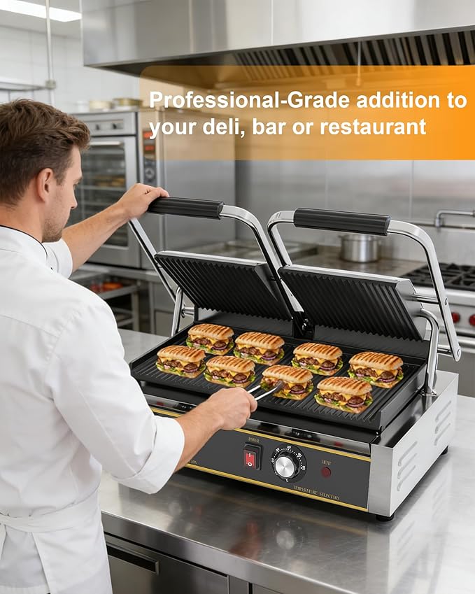 Commercial Panini Press - 3600W Commercial Electric Sandwich Maker w/Dual Independent Temp Controls, Double-Sided Heating, Panini Grill Press 19"x9" Nonstick/Grooved Plates for Panini & Sandwiches