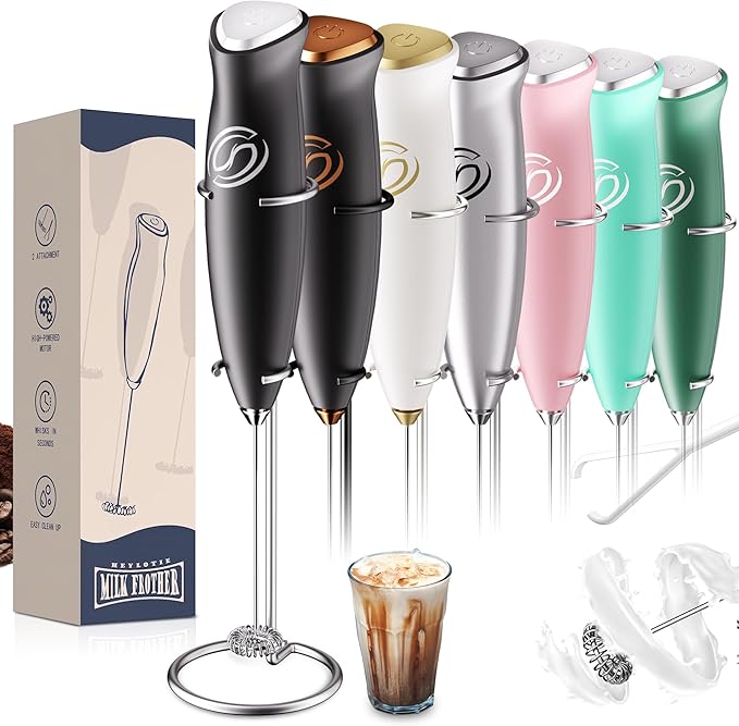 HeyLotie Milk Frother With Stand Handheld Frother Wand Drink Mixer Handheld Coffee Stirrers Electric Frother for Coffee Mixer Wand with 2 Whisk frother for protein powder-Black