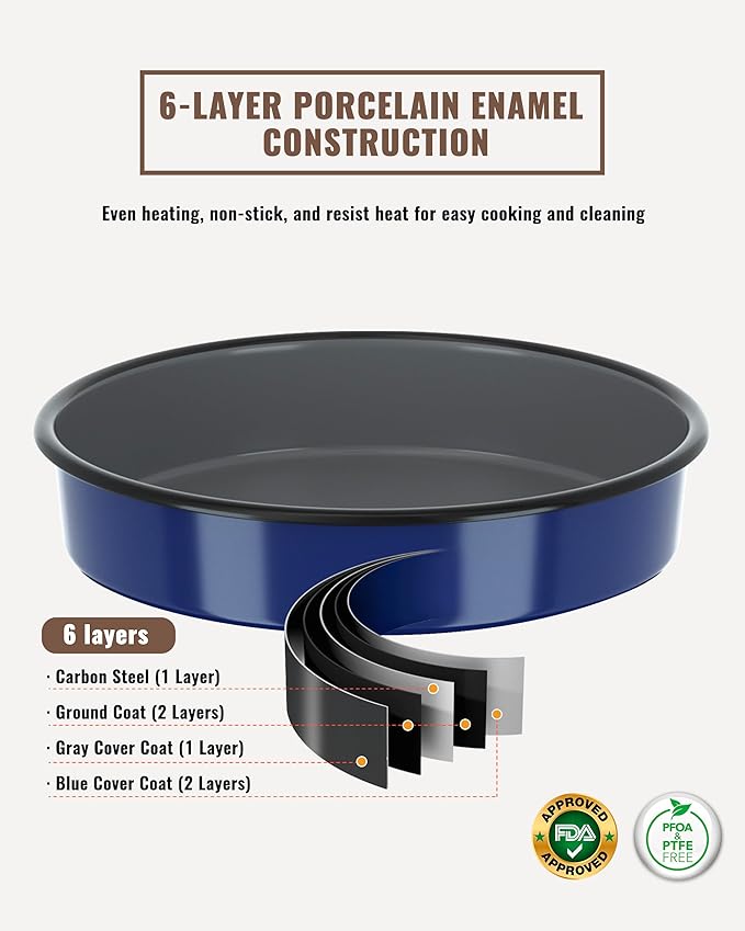 MCCSI Baking Pans Set Round Roasting Dish 4-Pack 9/10/12/14 Inch Enamel Non Stick Large Bakeware for Cake Bread Pie Pizza Ham Turkey, Non-Toxic Oven Dishwasher Safe Mother's Christmas Gift Cookware