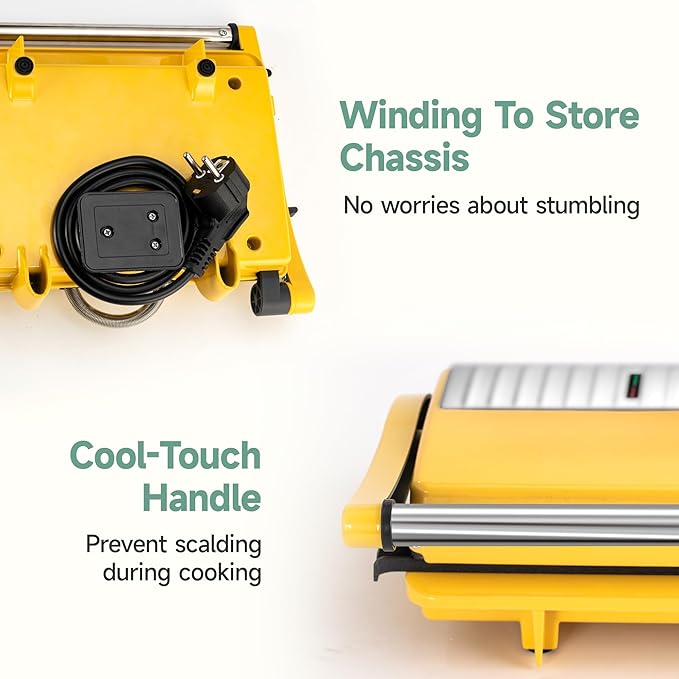 SUSTEAS Panini Press Sandwich Maker and Electric Indoor Grill, Easy Clean Nonstick Grids, Opens 180°/105° to Fit Any Type or Size of Food, 304 Stainless Steel, Homemade BBQ, Yellow