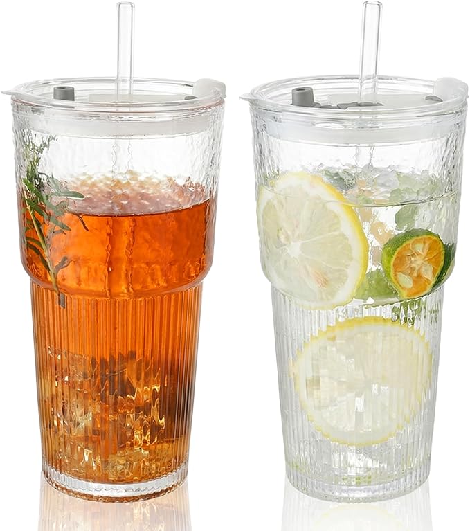 2PCS 20oz Glass Cups with Lids and Straws, Iced Coffee Cups with Lids, Stylish Ribbed Thick Drinking Glasses Tumbler for Juice, Smoothies, Cold Beverages, Cute Cup Gifts with Clean Brush