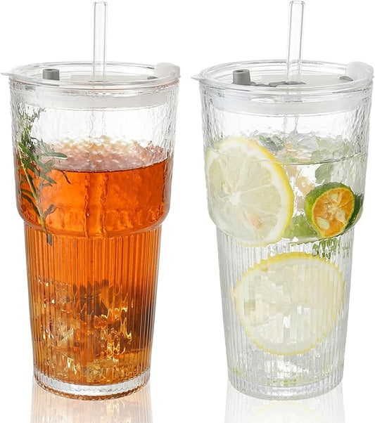 2PCS 20oz Glass Cups with Lids and Straws, Iced Coffee Cups with Lids, Stylish Ribbed Thick Drinking Glasses Tumbler for Juice, Smoothies, Cold Beverages, Cute Cup Gifts with Clean Brush